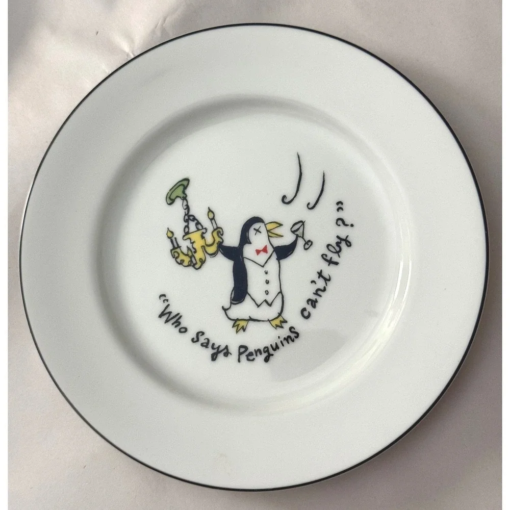 Vintage Pottery Barn Tipsy Penguins Plates Set of 7 Cocktail Dessert Japan